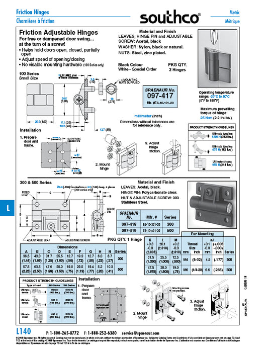 Charnière réglable série 500 2,25 po x 2,50 po Acétal noir