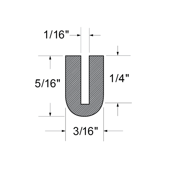 Black Rubber "U" Channel 5/16"O/A HT,1/16"Channel,3/16"Base 50 Ft/Roll EPDM-Kt70 70 +/- 5 Duro by Spaenaur Inc.