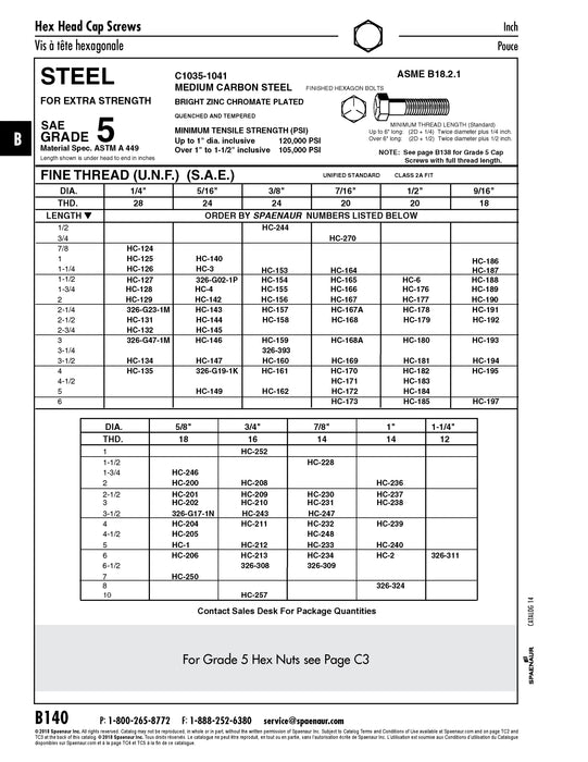 Hex Head Cap Screw Sae 3/4"-16 UNF x 5" LG Grade 5 Medium Carbon Steel Zinc Chromate Plated ANSI B18.2.1-1965