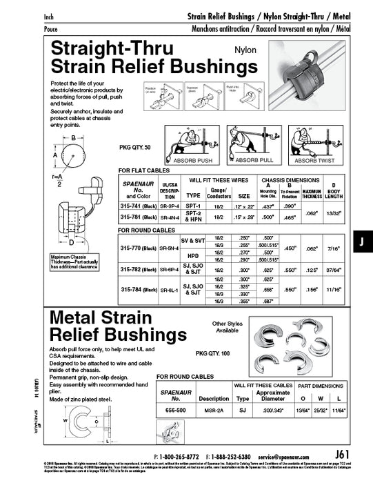 Passe-câble droit avec décharge de traction pour câbles plats. Diamètre du trou de montage : 0,500 po, épaisseur maximale du panneau : 0,062 po. Nylon noir Sr4N-4 par Spaenaur Inc.
