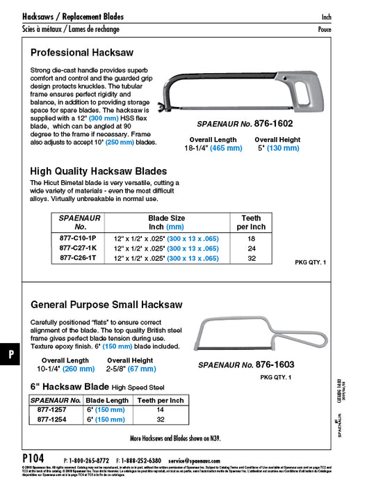 Scie à métaux junior, lame de coupe pour métal 260 mm (10 1/4") de longueur totale x 2 5/8" de hauteur Acier, revêtement époxy