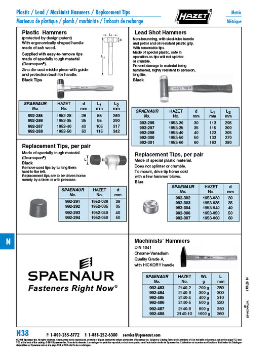 Non-Rebounding Hammer with Steel Tube Handle - Polyurethane Tips 50 mm DIA Tips