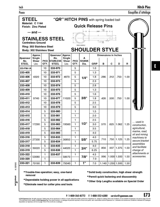 Goupille d'attelage QR avec épaulement, anneau rond et bille à ressort, tige de 5/8 po de diamètre x prise de 5,75 po, acier C1144, zingué, anti-fatigue