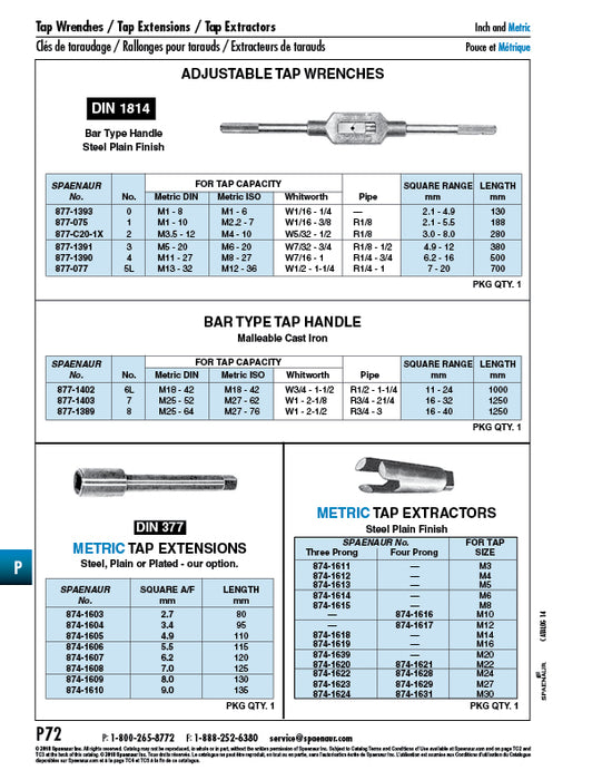 Tap Extension 7mm Square x 125mm O/A Length Steel Plain Finish DIN 377 7.0mm