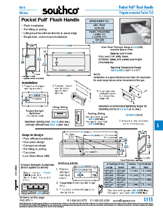 Poignée encastrée « Pocket Pull » pour panneaux de 0,040 po à 0,070 po d'épaisseur (4,78 po x 1,84 po) en ABS Ul94-Hb noir par SouthCo