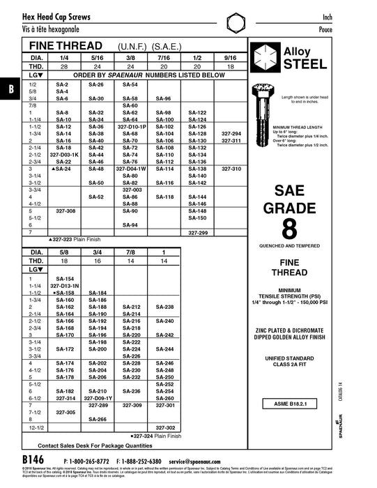 Hex Head Cap Screw Sae 1/2"-20 UNF x 1 3/4" GR 8 Medium Carbon Alloy Steel Zinc Plated with Yellow Dichromate ANSI B18.2.1-1965