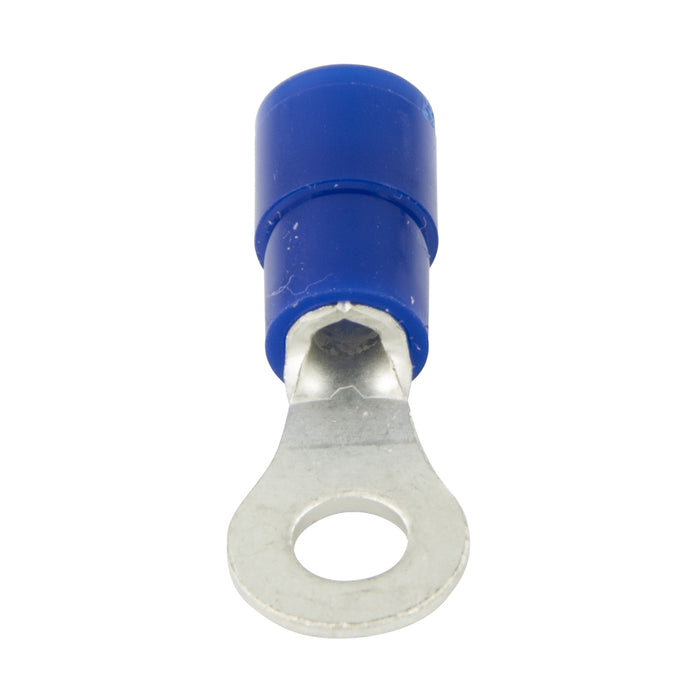 Ring tongue Terminal, Insulated, Solderless 16-14 Wire, 3/8" Stud Pure Electrolytic Copper, Blue Plastic Insulator, Heavy Bright Tin Plating
