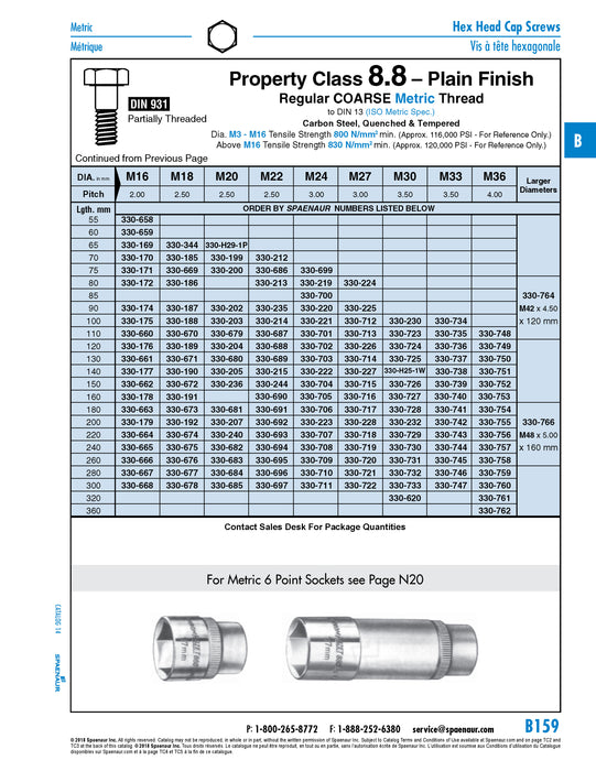 Hex Head Cap Screw, DIN 931 M27 x 3.00 x 300mm LG, Partial THRD Class 8.8 Steel Plain Finish DIN 931/8.8 M27X300