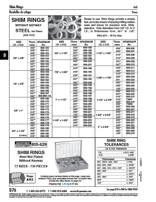 Arbor Shim without Keyway 1-1/4" ID x 1-3/4" OD x .004" THK Steel AISI 1010 Plain by Spaenaur Inc.