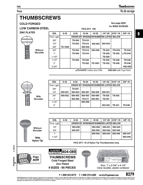 Thumb Screw without Shoulder 1/4"-20 UNC x 1 1/2" Low Carb Steel Cold forged Clear Zinc Chromate Plated