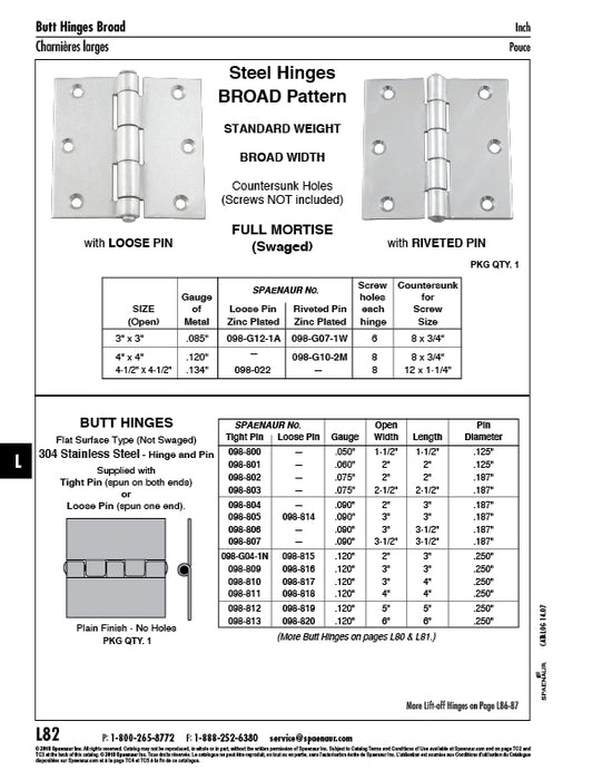 Butt Hinge Removable Pin 5" x 5" Open x .120" GA 304 Stainless Steel