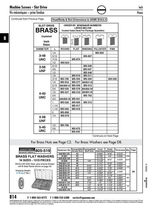 Machine Screw, Round Head, Slotted Drive, #5-40 UNC x 1/4" Length, Brass Plain
