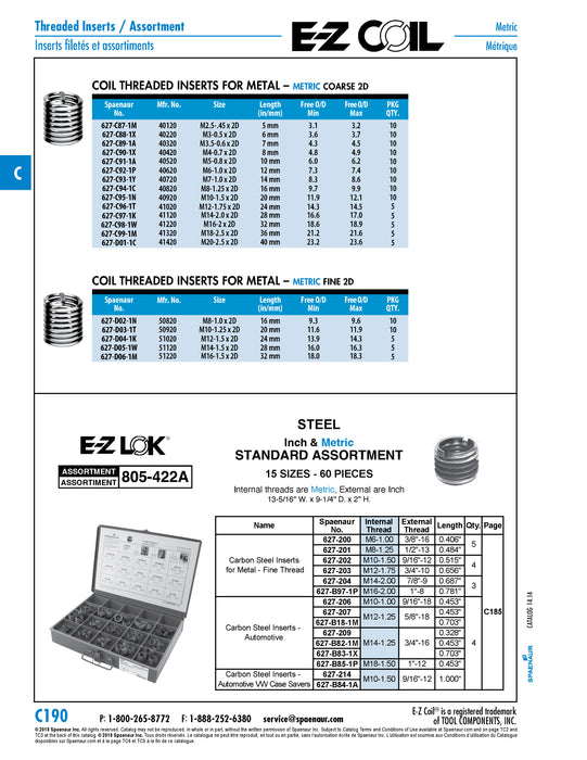 E-Z Coil Helical Thread Insert Metric Coarse M7 x 1.00mm x 14.0mm Length 18-8 Stainless Steel E-Z Lok # 40720
