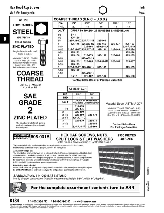 Vis à tête hexagonale SAE 1/4"-20 UNC x 2 1/2" LG, acier à faible teneur en carbone, zinguée, de grade 2, conforme à la norme ANSI B18.2.1-1981, fabriquée par Spaenaur Inc.