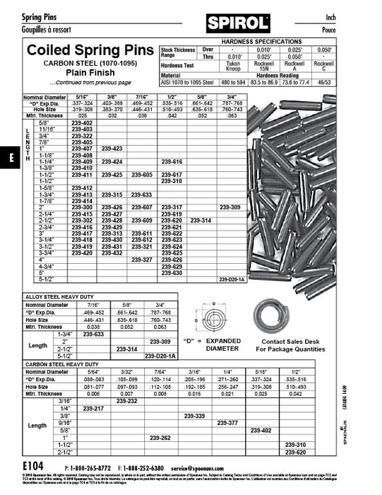 Coiled Spring Pin Standard Duty Nom DIA 3/8" x 1 1/4" LGTH High Carbon Spring Steel Plain