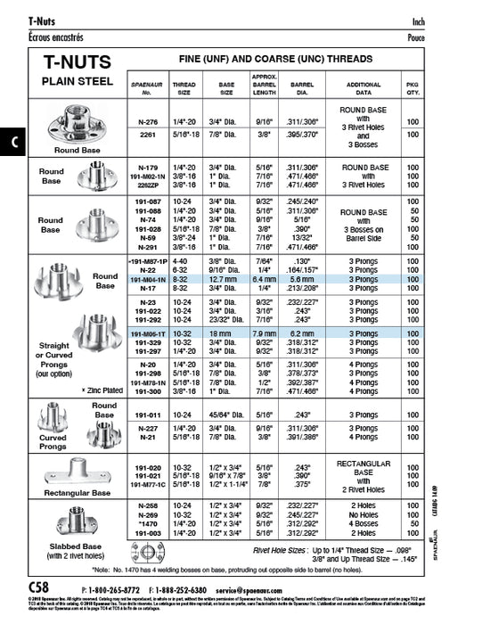 Tee Nut (Rectangular Base) W/2 Holes (.098" DIA) 5/16"-18 UNC x 3/8" Barrel LGTH Steel Plain Finish