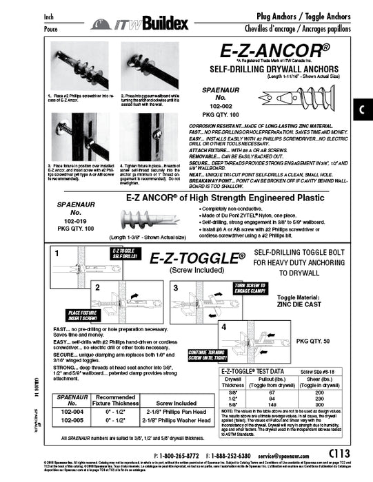 E-Z Ancor® Self-Drilling Drywall Anchor for Up to 5/8" Drywall, Use #8 Screw Zinc Alloy