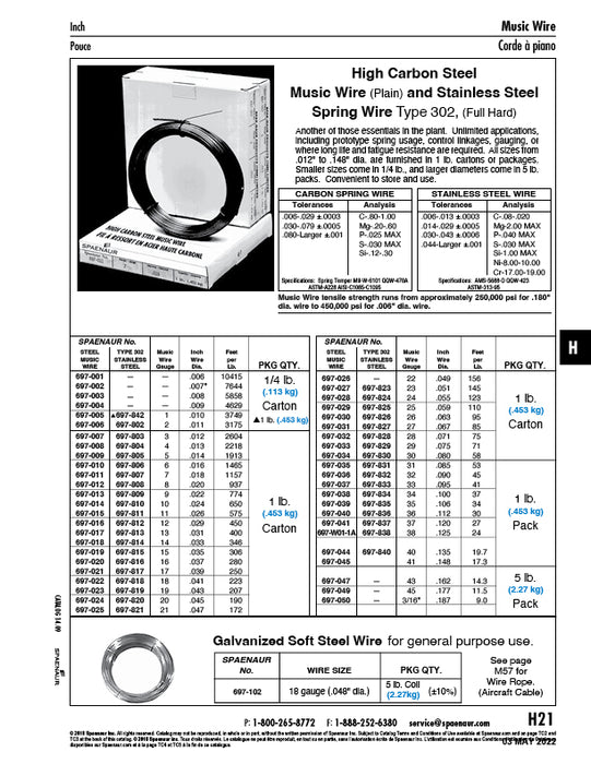 Spring Wire, 1 LB./Pk #21 GA/.047" DIA 302 Stainless Steel Full Hard by Spaenaur Inc.