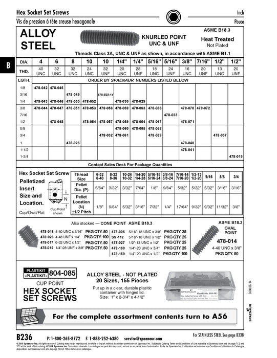 Hex Socket Set Screw Knurled Point #6-32 UNC x 3/8" LONG Alloy Steel Heat Treated Plain ANSI B18.3-1986