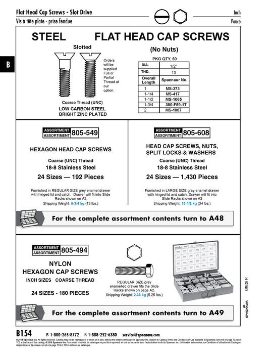 Machine Screw, Flat Head, Slotted Drive, 1/2"-13 UNC x 1-1/4" Length, Steel Zinc Plated Chromate by Spaenaur Inc.