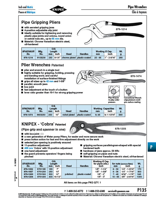 "Cobra" Water Pump Pliers for Pipe DIA 1/8" - 1-5/8" 250mm (10") LGTH Chrome Vanadium Steel,Polished Head Plastic-Coated Handles by Spaenaur Inc.