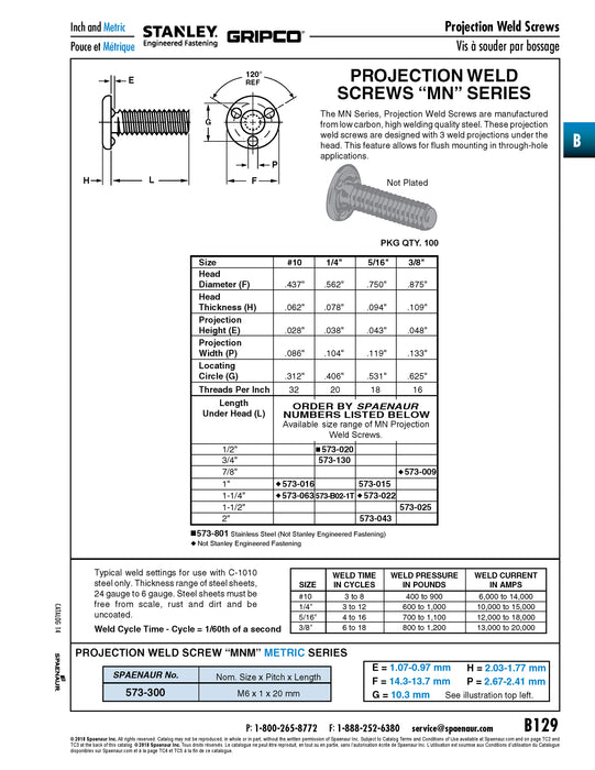 Projection Weld Screw Three Projections Under The Head 3/8"-16 UNC x 7/8" C1010 Low Carbon Steel Plain