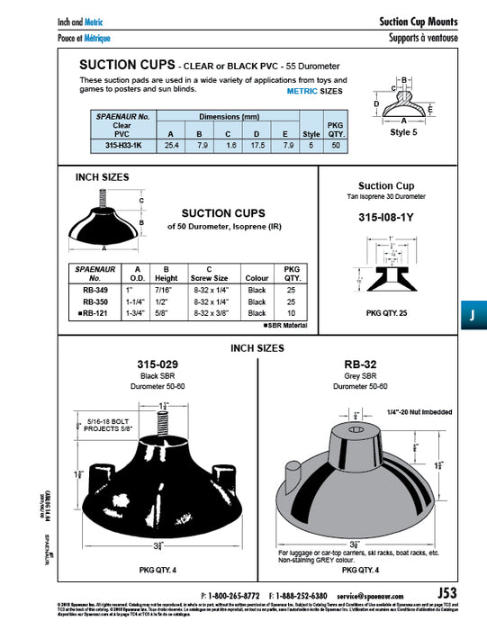 Rubber Suction Cup 1/4" ID x 5/8" Head OD 1" Cup OD x 7/16" HT ISOprene, Black, 30 Duro by Spaenaur Inc.