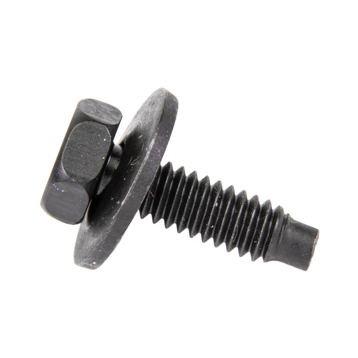 Sems Indented Hex Hd Machine Screw, With 3/4" OD Flat Washer, Dog Point, 1/4"-20 UNC X 15/16", Low Carbon Steel Black Phosphate, And Oil by Spaenaur Inc.