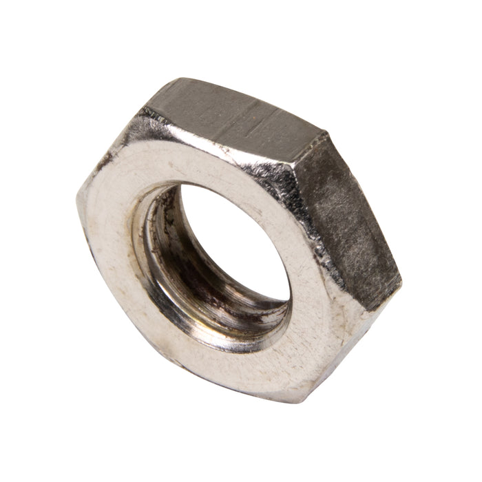 Écrou hexagonal bas, DIN 439B M6 x 1,00, 10 mm WAF, 3,2 mm TH CL4 Acier forgé à froid Nickelé DIN 439B/04-NP M6 par Spaenaur Inc.