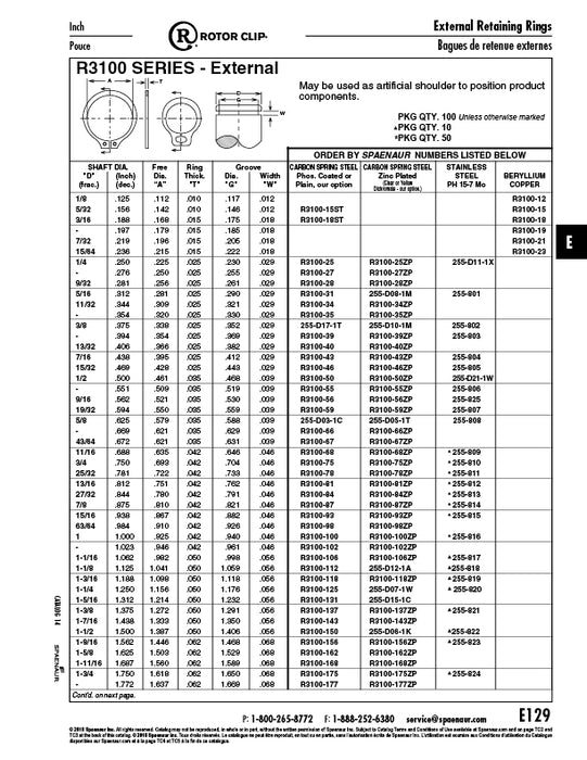Retaining Ring External 1/8" Shaft DIA x .112" Free DIA Beryllium Copper Plain