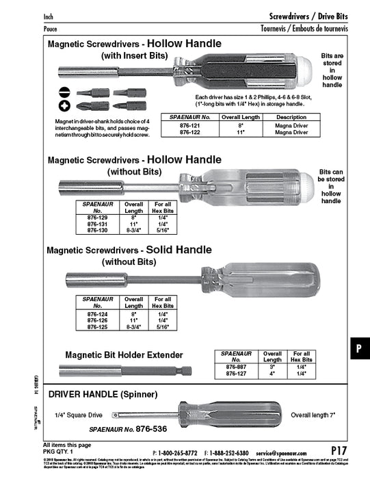 Tournevis magnétique à manche solide (sans embouts) 8 po LGTH (pour embouts 5/16 po) par Spaenaur Inc.