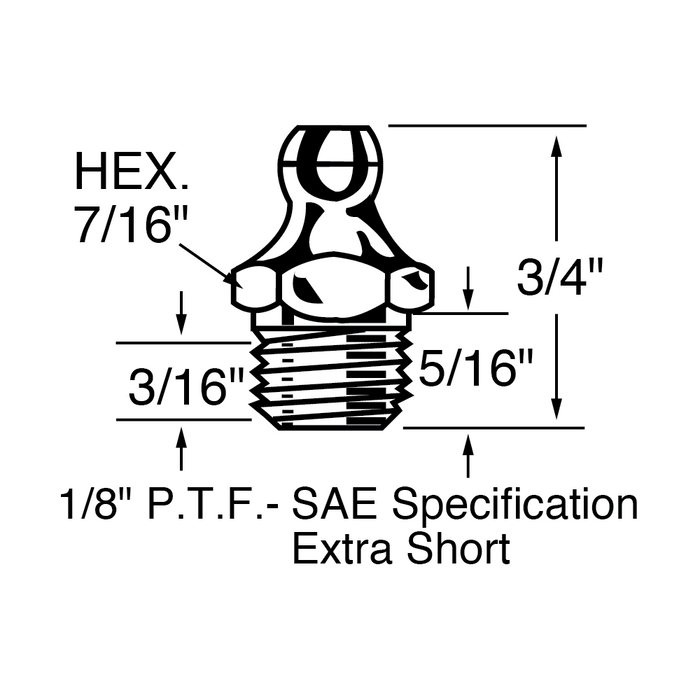 Straight GRease Fitting 1/8" P.T.F. Short, 7/16" Hex, 3/4" O/A HT, .236" Thread LGTH Stainless Steel Passivated by Spaenaur Inc.