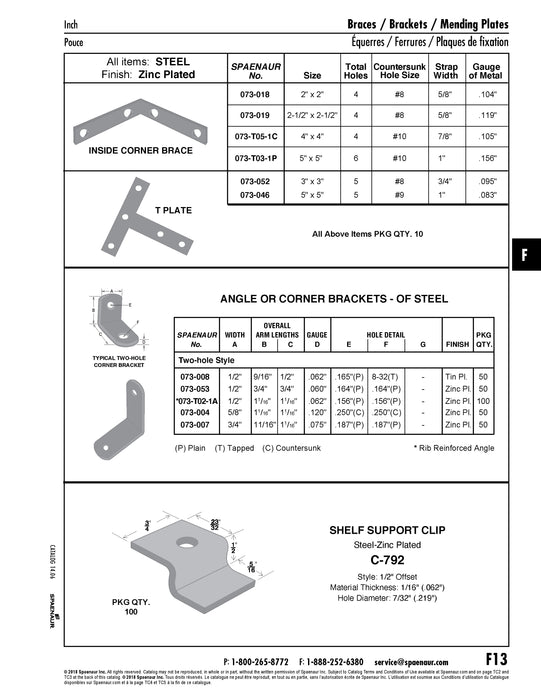 Right Angle Corner Brace with .187" Holes (2) Not Countersunk 3/4"W x 11/16" x 1 1/16" X.075" TH. Steel Zinc Plated