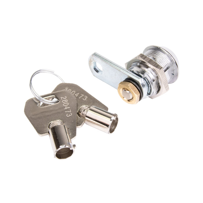 Serrure à goupilles radiales (RPT), tête conique, came plate de 28 mm x longueur de 18 mm x épaisseur maximale du panneau de 3,5 mm, clés différentes, sans clé passe-partout, finition chrome brillant