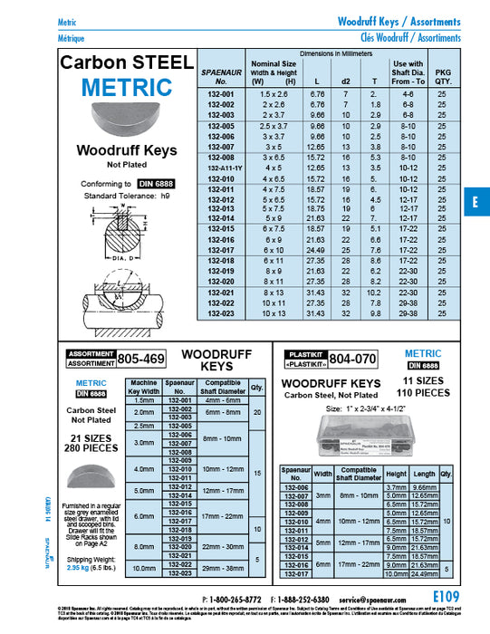Woodruff Key 8mm W x 11mm Hght x 27.35 mm L x 28mm D2 Carbon Steel Plain DIN 6888 8X11 by Spaenaur Inc.