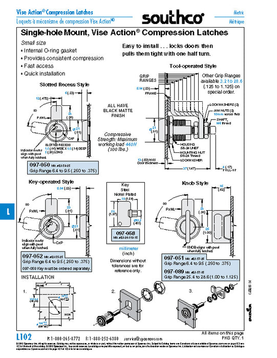 Small Compression Latch Key-Operated Style Single-Hole Moun .250"-.375" Grip Range Die-Cast Zinc, Matte Black Powder Coat