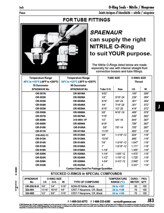 O-Ring, for Tube Fittings .239" ID x .064" W for 1/8" Tube OD (-40 to +121 Degree C Temp Range) Nitrile, Duro 70 by Spaenaur Inc.