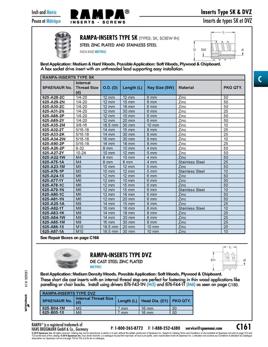 Rampa Inserts Type Sk with Hex Socket Drive 12mm OD x 18mm LGTH M6 Inside Thread Steel Zinc Plated