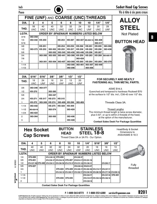 Button Head Hex Socket Cap Screw 1/4"-20 UNC x 1/2" LGTH 18-8 Stainless Steel ANSI B18.3-1986 by Spaenaur Inc.