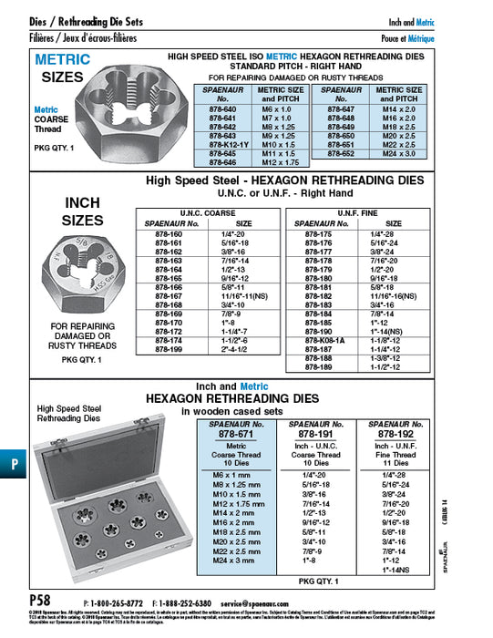 Hex Die Nut (Re-Threading Dies) 1-1/4"-7 UNC High Speed Steel