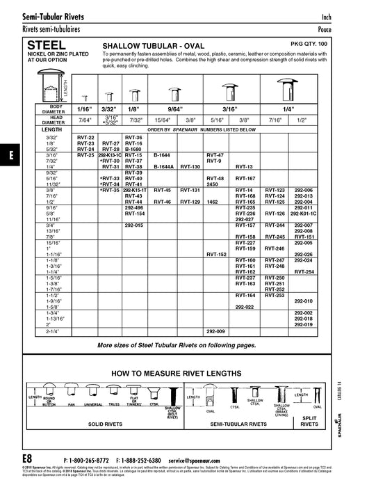 Oval Head Tubular Rivet 1/16" x 17/64" L (1/8" Head DIA) Steel Nickel Plated Meets Specifications Of ANSI B18.7-1972 (R1980)