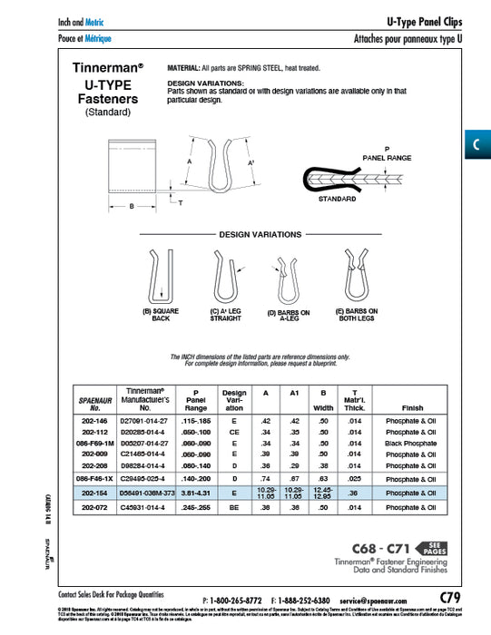 "U" Type Panel Fastener 3.81-4.31 mm Panel Range Spring Steel Heat Treated Phosphate & 2 Coats Paint & Oil