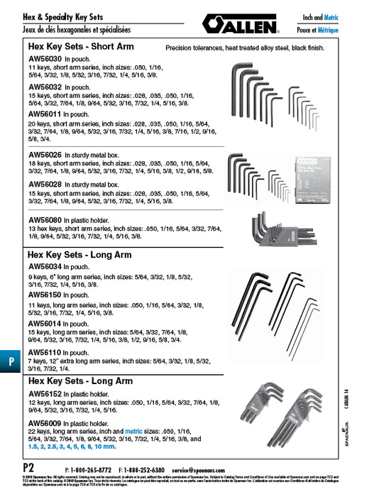 Allen Hex Key Set LONG Arm Inch 11 Pc (.050"-3/8") Alloy Steel, In Pouch by Spaenaur Inc.