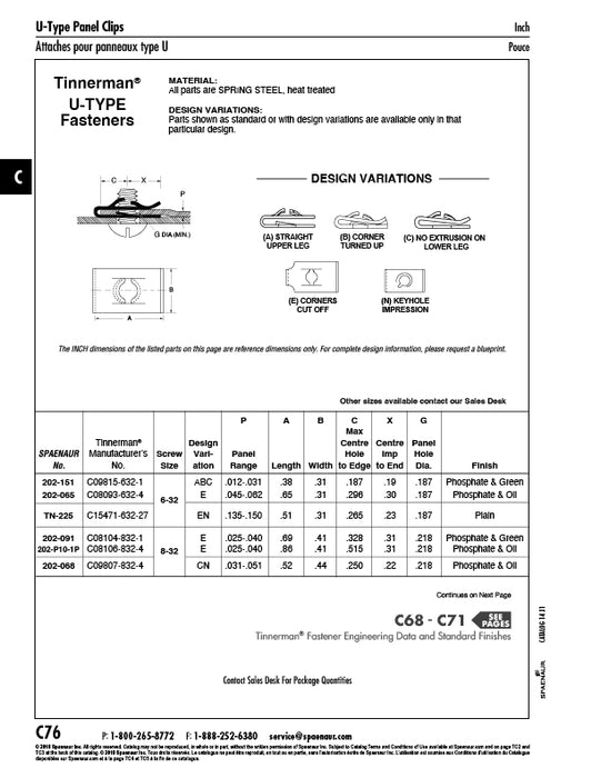 Écrou à ressort de type « U » pour #6-32 UNC MS, plage de panneaux .045-.062" Acier à ressort traité thermiquement Phosphate et huile Tinnerman #D08091-632-4 par Spaenaur Inc.