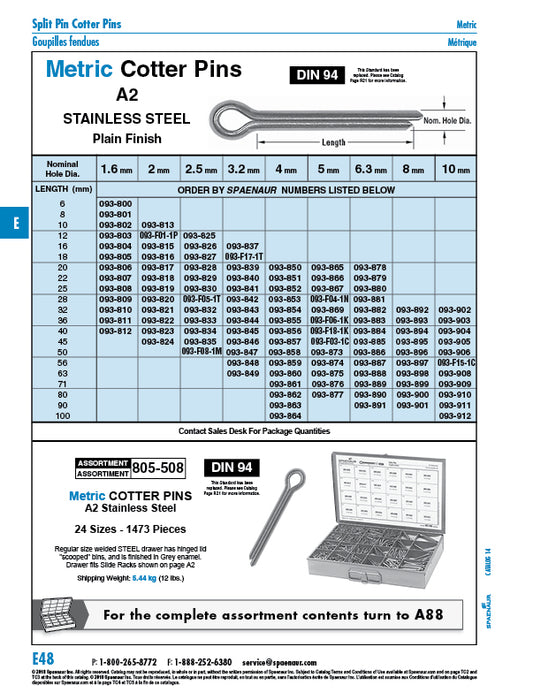 Cotter Pin 8mm x 50 mm A2 Stainless Steel Plain DIN 94/A2 8X50 by Spaenaur Inc.