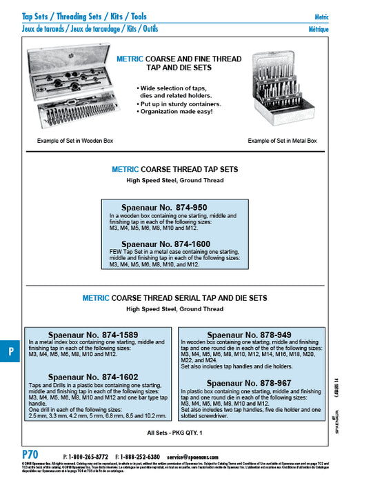 Jeu de tarauds (tarauds coniques, tarauds à bouchon et tarauds à fond) M3, M4, M5, M6, M8, M10, M12 en acier rapide dans un coffret en bois par Spaenaur Inc.
