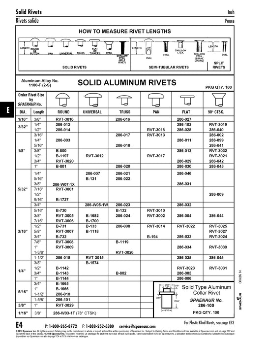 Solid Rivet 90 Degree Countersnk HD 5/32" DIA x 1/2" L Aluminum-1100F Plain Finish