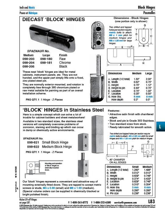 "Block" Hinge for Offset Doors Medium Size (76mm total Length) Holes Tapped M6 x 7.5mm 1 Hinges (2 Pieces), Bottom Half W/Fixed Pin) Zinc Diecast Black Finish