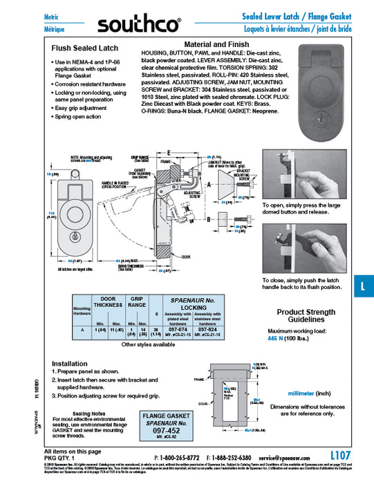 Loquet à levier scellé, verrouillable, 1,97 po x 4,33 po (plage de préhension de 0,040 po à 0,550 po), zinc moulé sous pression, revêtement en poudre noir, avec quincaillerie en acier inoxydable, par Spaenaur Inc.