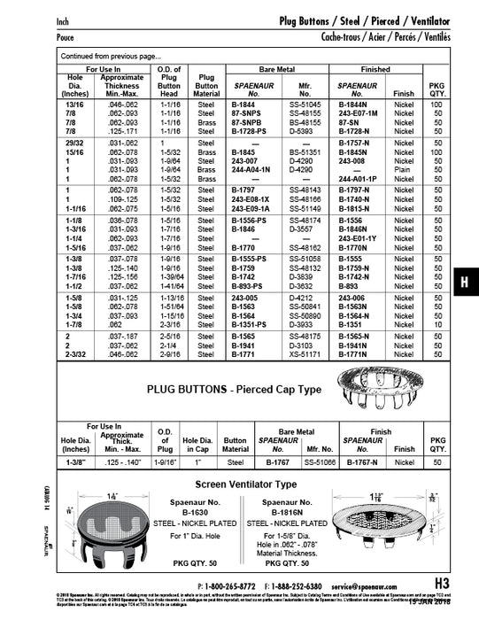 Pronged Plug Button for 1" Hole x .031/.093" Panel C1010 Steel, Nickel Plated